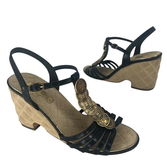 Chanel Coin Medallion Quilted Suede & Leather Heeled Wedge Sandals - Picture 1 of 16
